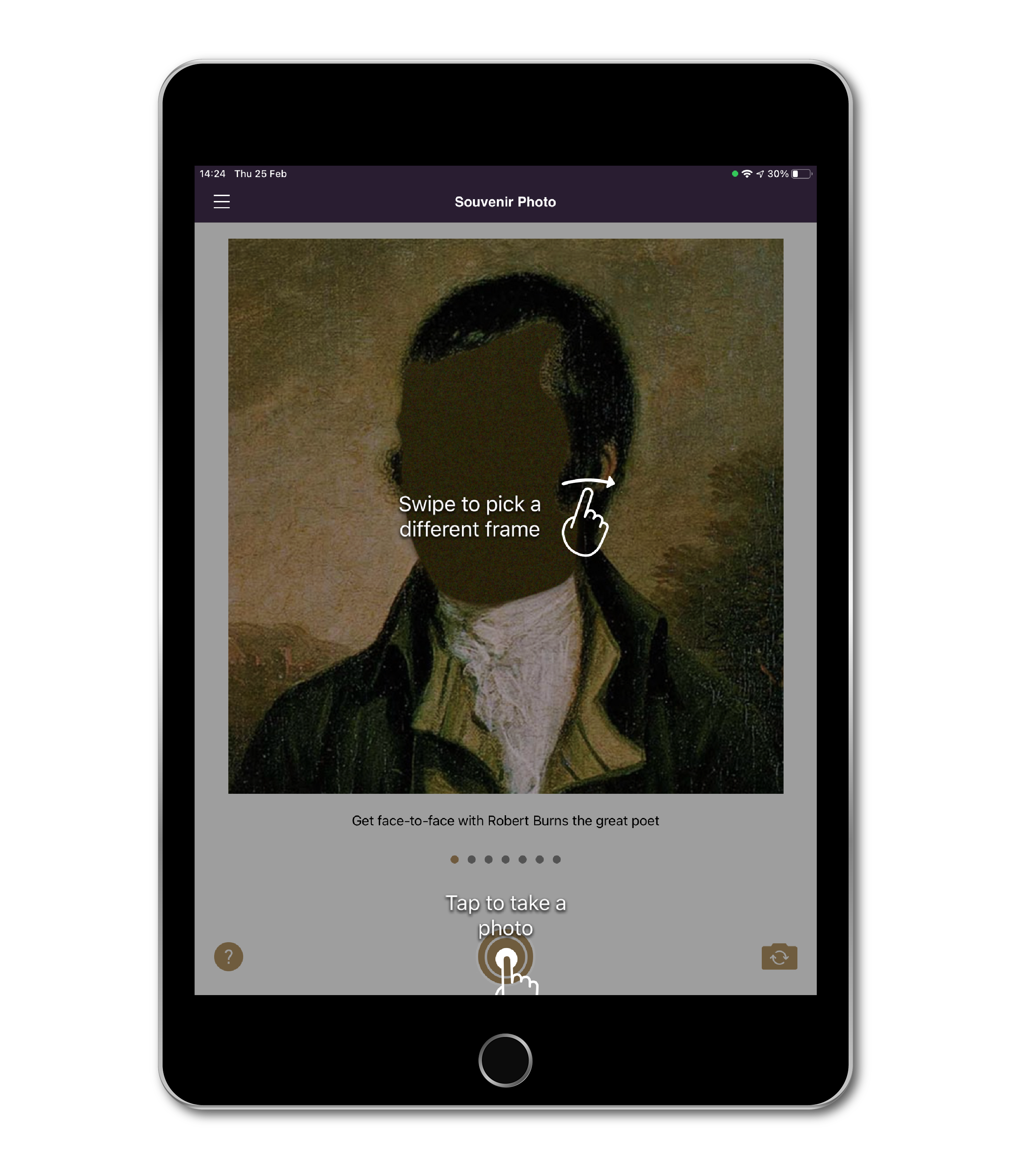 IPad with Ayr Through the Ages App loaded showing the Souvenir Selfie Screen